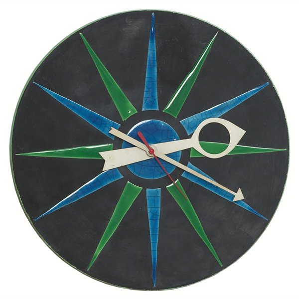 George Nelson Meridian wall clock: George Nelson Meridian wall clock, ceramic, made in Italy by Raymor, black matte glaze with green and blue hi-glaze starburst, white enameled hands, red second hand, paper label, cord, 13"dia., very g