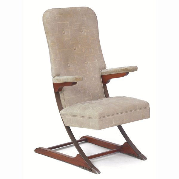 McKay Spring chair, attribution,: McKay Spring chair, attribution, upholstered in Angelo Testa "Campagna" upholstery, cantilevered form in wood and steel, 25"w x 28"d 43"h, very good condition
