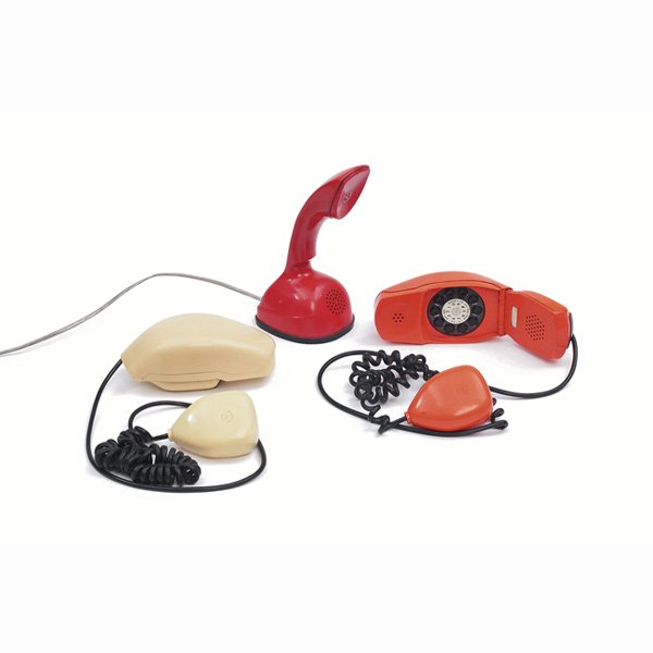 Richard Sapper and Marco Zanuso Grillo phone: Richard Sapper and Marco Zanuso Grillo phone, one white and one orange, Italy, c.1965, molded plastic "flip-phones", each 7"l, in good condition, with an Ericsson telephone, 1960s, Sweden, molded red