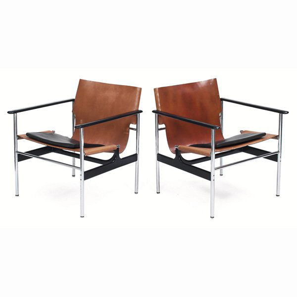 Charles Pollock chairs, pair, by Knoll: Charles Pollock chairs, pair, by Knoll, original tan leather sling seats with padded black leather seat cushion, black coated armrests over a polished steel frame, each with Knoll Associates label, 24