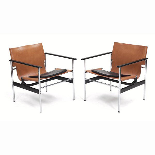 Charles Pollock chairs, pair, by Knoll: Charles Pollock chairs, pair, by Knoll, original tan leather sling seats with padded black leather seat cushion, black coated armrests over a polished steel frame, each with Knoll Associates label, 24