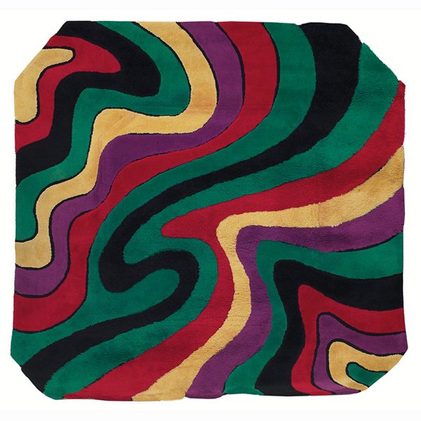 Edward Fields rug, by Edward Fields, Inc: Edward Fields rug, by Edward Fields, Inc., 1970s, 100% wool, red, green, yellow and black design, pile of varying lengths, 100" x 100", very good original condition