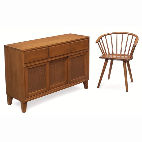 Russel Wright cabinet, by Conant Ball, USA: Russel Wright cabinet, by Conant Ball, USA, 1950s, maple, three drawers above three sliding doors with inset caned panels, two shelves to interior, signed with burned mark, original finish, 44"w x 15.