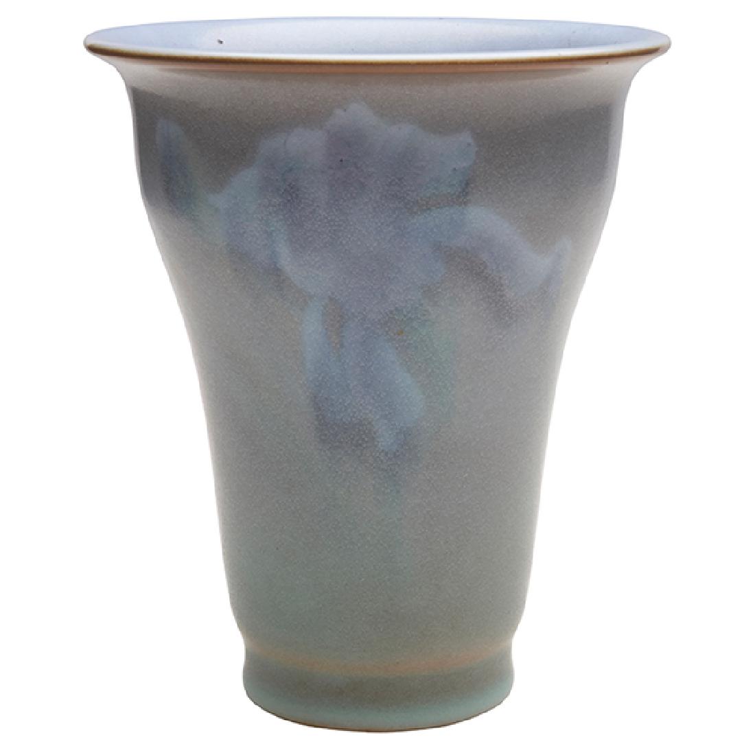 Fred Rothenbusch (1876-1937) for Rookwood Pottery Iris: Fred Rothenbusch (1876-1937) for Rookwood Pottery, Iris vase, #6200E, Cincinnati, OH, 1930, Vellum glazed ceramic, signed, dated, numbered, 4.75"dia x 5.5"h Provenance: Estate of Ed Baynard, New York,