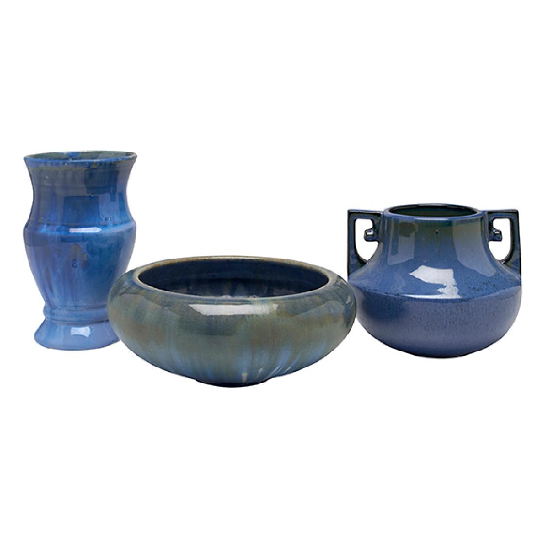 Fulper Pottery Co. vases, two and a low bowl tallest:: Fulper Pottery Co., vases, two and a low bowl, Flemington, NJ, glazed ceramic, each signed, tallest: 4"dia x 6.5"h Provenance: Estate of Ed Baynard, New York, New York