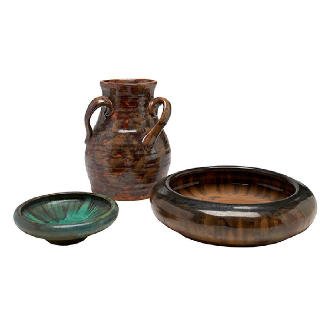 Fulper Pottery Co. low bowls, two, and a vase tallest:: Fulper Pottery Co., low bowls, two, and a vase, Flemington, NJ, glazed ceramic, each signed, tallest: 6"dia x 7"h Provenance: Estate of Ed Baynard, New York, New York