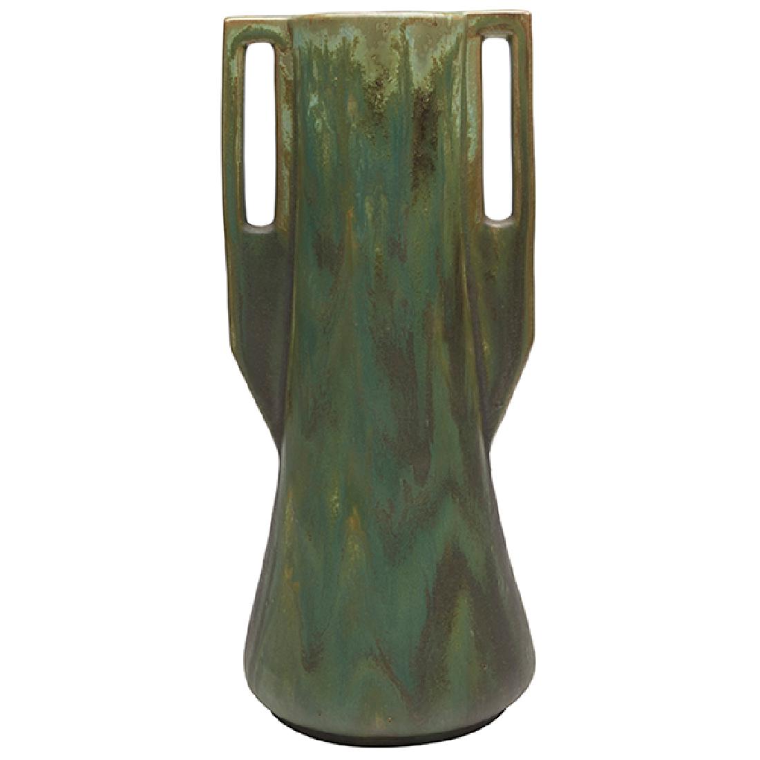 Fulper Pottery Co. handled vessel 5"w x 11"h: Fulper Pottery Co., handled vessel, Flemington, NJ, glazed ceramic, stamped mark, 5"w x 11"h Provenance: Estate of Ed Baynard, New York, New York