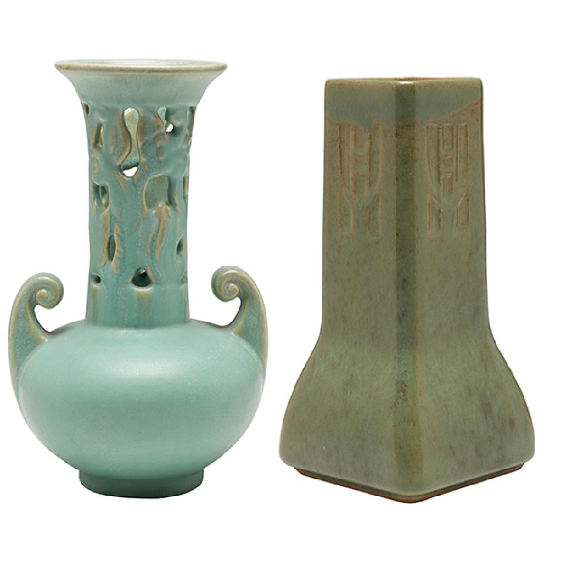 Fulper Pottery Co. vase 4"sq x 8"h: Fulper Pottery Co., vase, Flemington, NJ, matte glazed ceramic, stamped mark, together with a Fulper cut-out vase, matte glazed ceramic, 5"dia x 8"h, 4"sq x 8"h Provenance: Estate of Ed Baynard, New Y