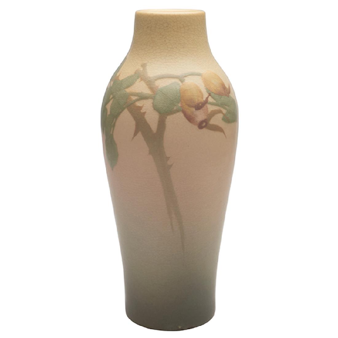 Sallie Coyne (1876-1939) for Rookwood Pottery Rose Hips: Sallie Coyne (1876-1939) for Rookwood Pottery, Rose Hips vase, #879E, Cincinnati, OH, 1905, Vellum glazed ceramic, signed, dated, numbered, 3.5"dia x 8.5"h Provenance: Estate of Ed Baynard, New York,