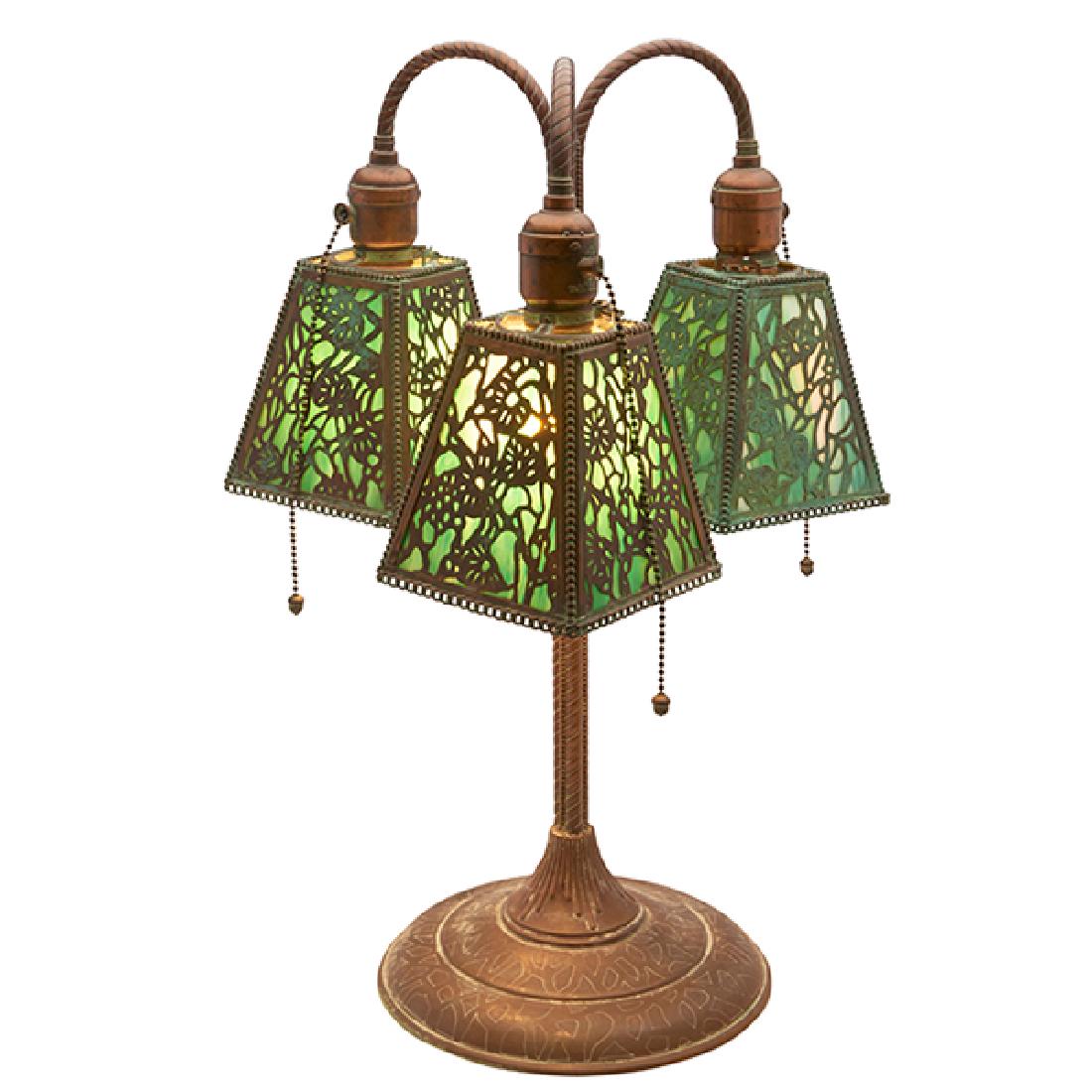 Riviere Studios overlay three-light table lamp 14"dia x: Riviere Studios, overlay three-light table lamp, New York, NY, copper, slag glass, unsigned, 14"dia x 21"h
