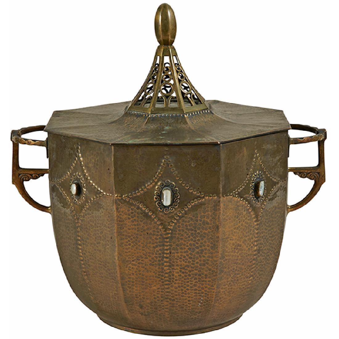 Jugendstil / Secessionist wine cooler or punch bowl: Jugendstil / Secessionist, wine cooler or punch bowl covered vessel, #346, Germany / Austria, brass, mother-of-pearl, rock crystal, colorless glass, signed with artist's cipher, 15.5"w x 11.75"d x 15.