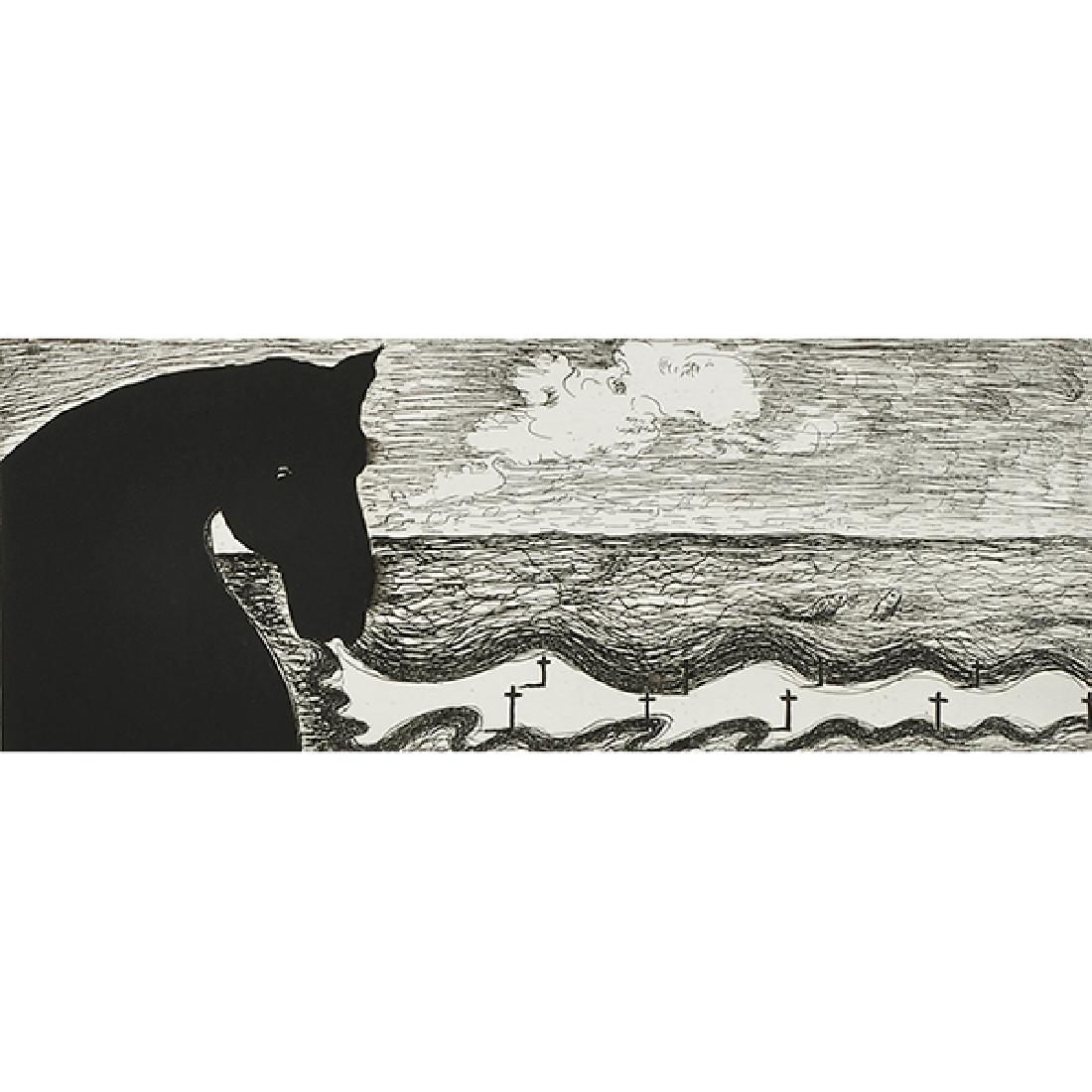 Enzo Cucchi, (Italian, b. 1949), Il Respiro del: Enzo Cucchi, (Italian, b. 1949), Il Respiro del Cavallo, 1982, etching and aquatint, signed and numbered in pencil, edition of 50, 7.75" x 19.5" Provenance: Property from a Private Canadian Collection