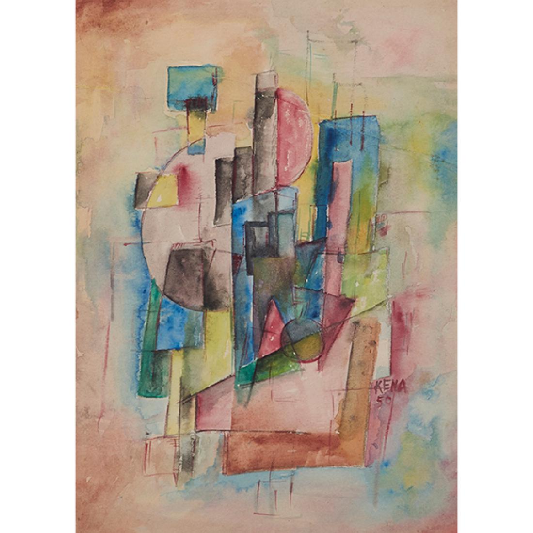 Jaled Muyaes, (Chilean, 1921-2007), Ciudad, 1950,: Jaled Muyaes, (Chilean, 1921-2007), Ciudad, 1950, watercolor and gouache, signed and dated lower right, 12.5" x 9.5"