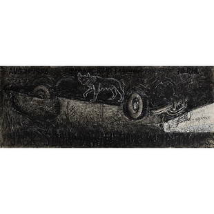 Robert Arneson, (American, 1930-1992), Nite Wolf, 1987,: Robert Arneson, (American, 1930-1992), Nite Wolf, 1987, charcoal, acrylic and graphite on paper, signed lower right, 45" x 108" Provenance: Allan Frumkin Gallery, Chicago, Illinois Private Collection