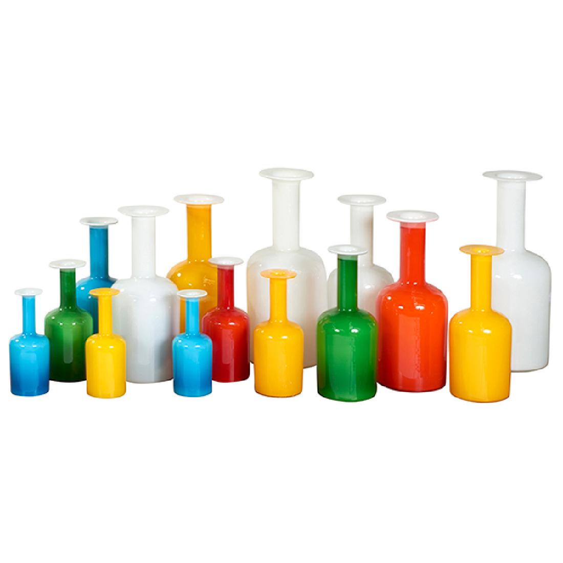 Otto Brauer Kastrup-Holmegaard Gulvvase, set of 15: Otto Brauer for Kastrup-Holmegaard, Gulvvase, group of 15, Denmark, 1960s, cased glass, one with Kastrup label, largest: 20", smallest: 10"