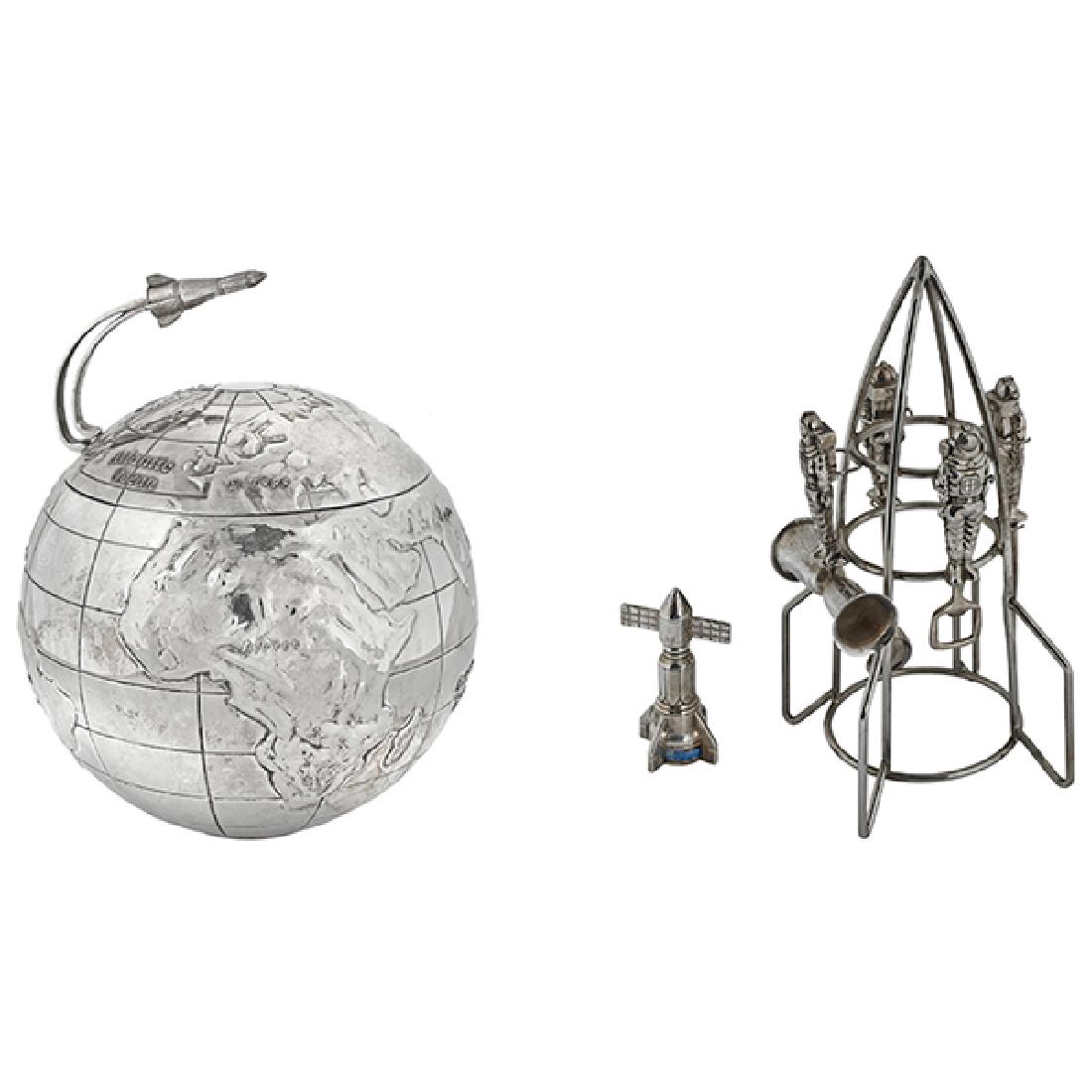 International Silver Globe ice bucket Rocket ship tools: International Silver Co., World Globe ice bucket and Rocketship bar tools, USA, 1960s, silver plate, plastic, International Silver label to corkscrew, with a satellite corkscrew, ice bucket: 8"dia x 9