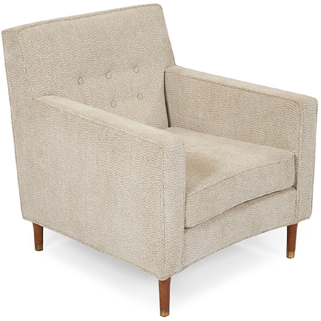 Edward Wormley for Dunbar curved-front lounge chair: Edward Wormley (1907-1995) for Dunbar, curved-front lounge chair, USA, 1960s, chenille upholstery, mahogany, brass, unsigned, 28"w x 32"d x 31"h