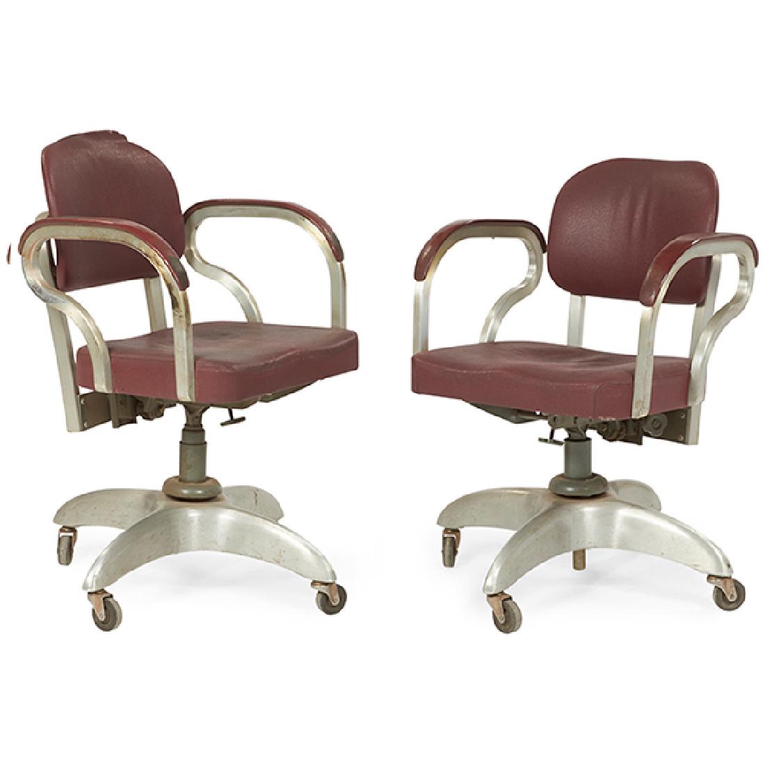 General Fireproofing Goodform Executive chairs, pair: General Fireproofing, Goodform Executive chairs, pair, USA, 1940s, aluminum, fabric, signed, 22.5"w x 21"d x 32"h
