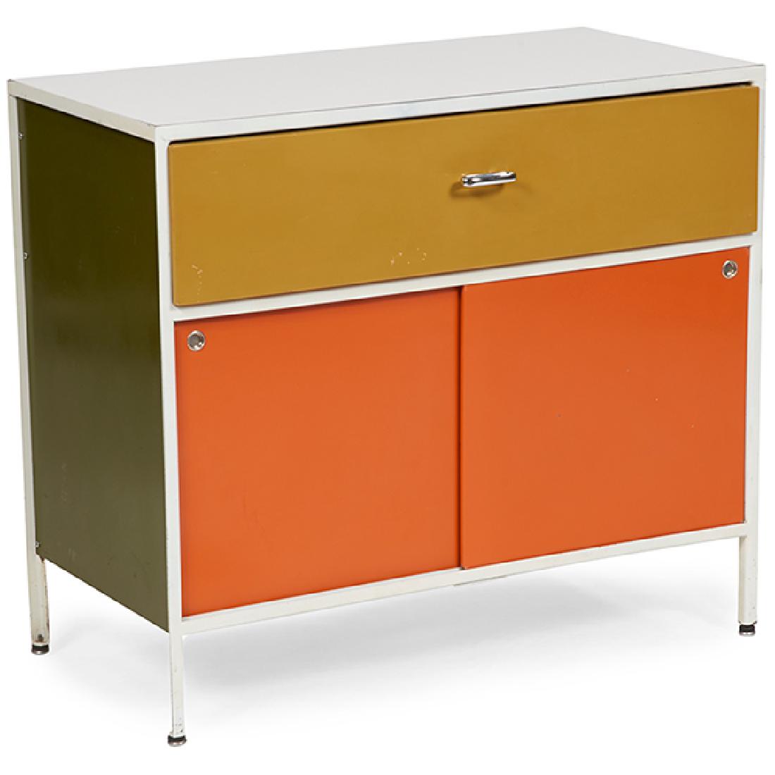 George Nelson for Herman Miller Steelframe cabinet: George Nelson (1908-1986) for Herman Miller, Steelframe cabinet, USA, 1950s, enameled steel, lacquered wood, laminate, chromed metal, round metal tag, 33.5"w x 17"d x 30"h