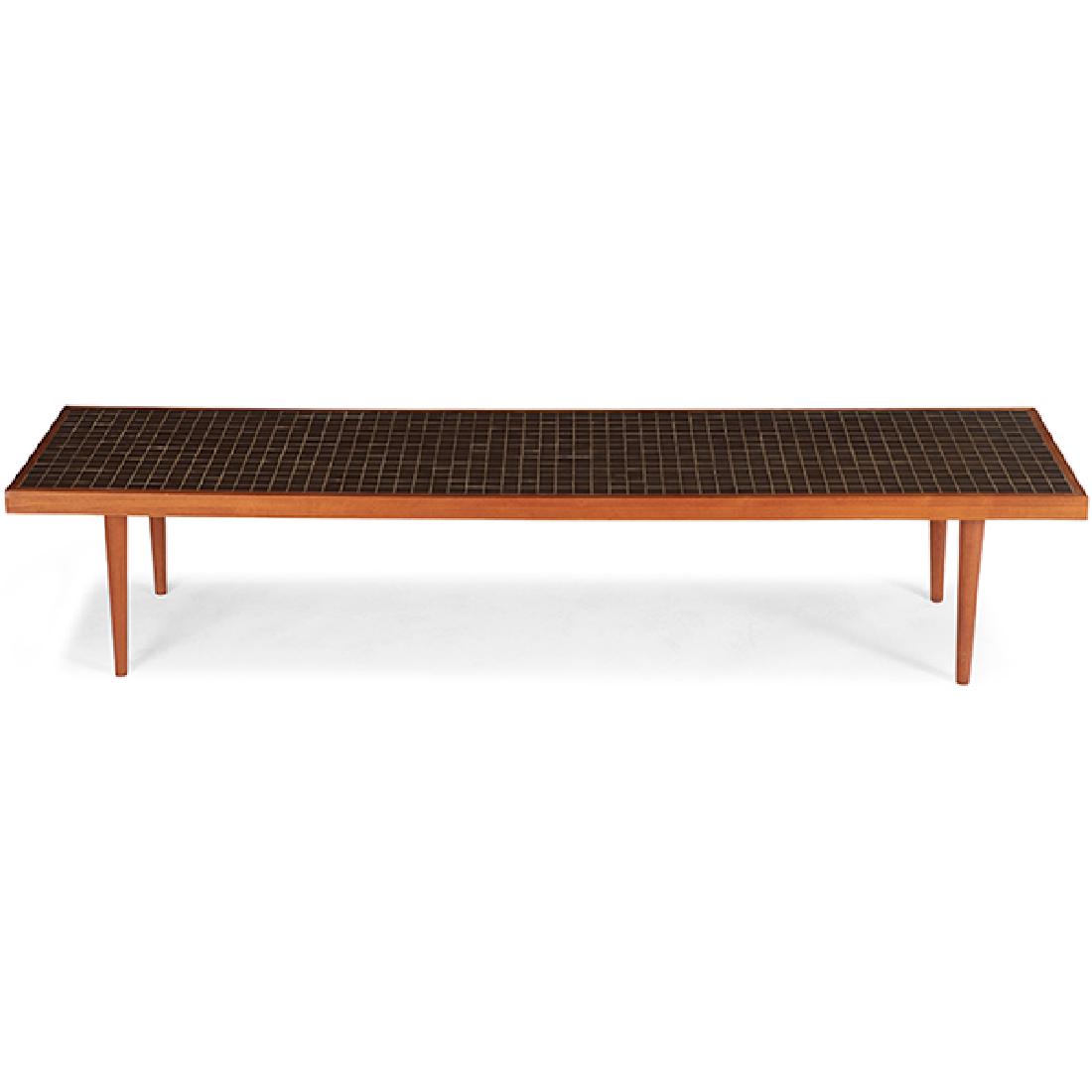 Gordon & Jane Martz for Marshall Studios coffee table: Gordon Martz (1924-2015) & Jane Marshall Martz (1929-2007) for Marshall Studios, coffee table, Veedersburg, IN, USA, 1960s, glazed ceramic, walnut, unsigned, 74"w x 19"d x 15"h