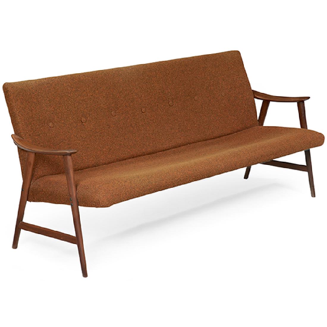 Dokka Mobler teak sofa, Norway: Dokka Mobler, sofa, Norway, 1960s, teak, upholstery, unsigned, 69"w x 27"d x 31"h