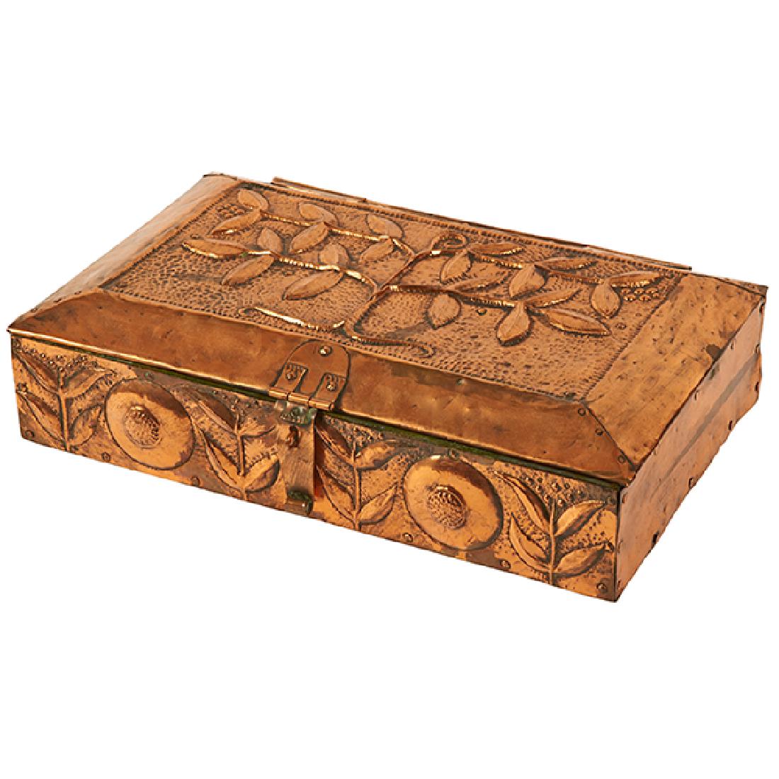 John Pearson (active 1885-1910) Foliate casket / box: John Pearson (active 1885-1910), Foliate casket / box, England, 1901, copper, wood, initialed, dated, 18.5"w x 11.5"d x 5"h