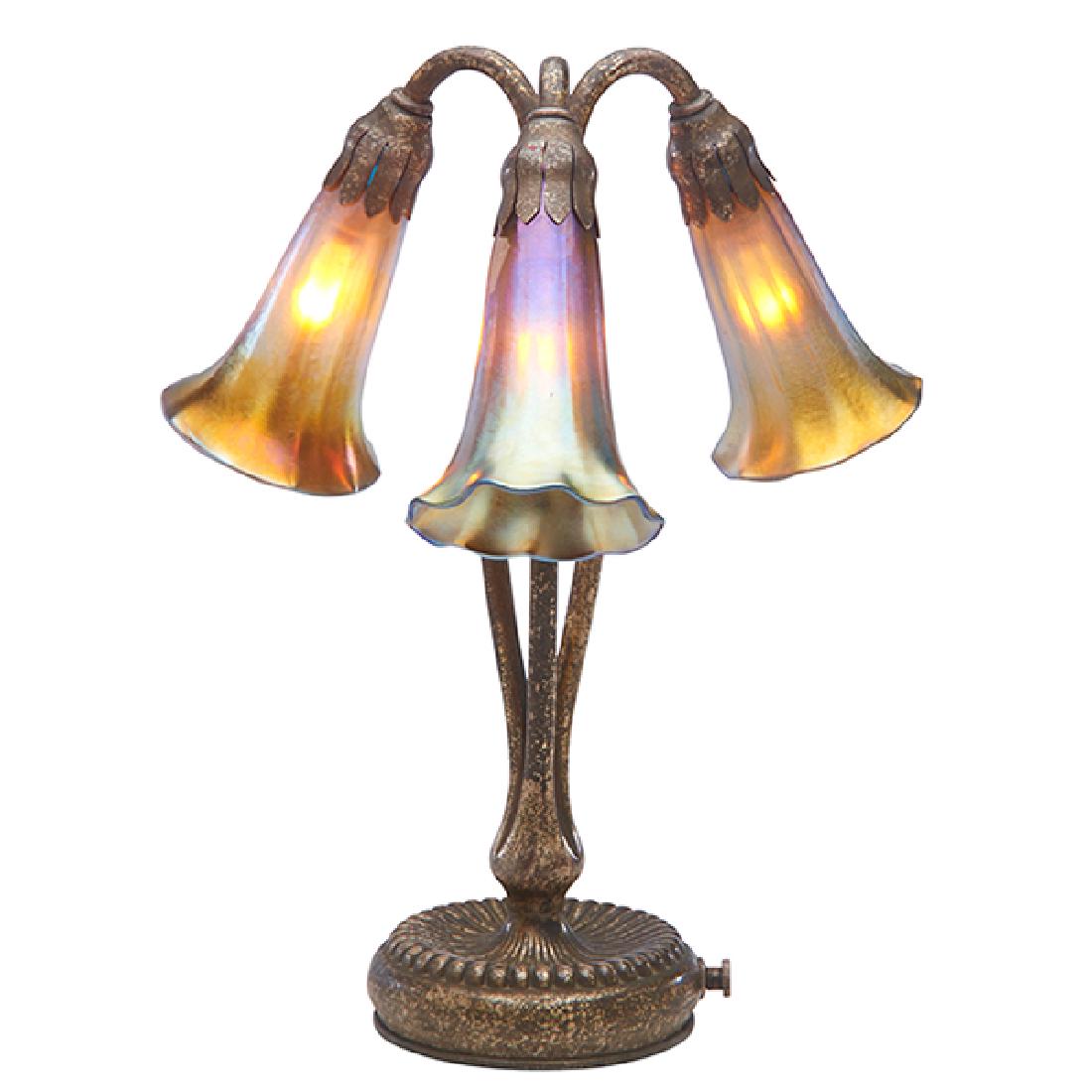 Tiffany Studios three-light Lily lamp, #319 10"dia x (1 of 2)