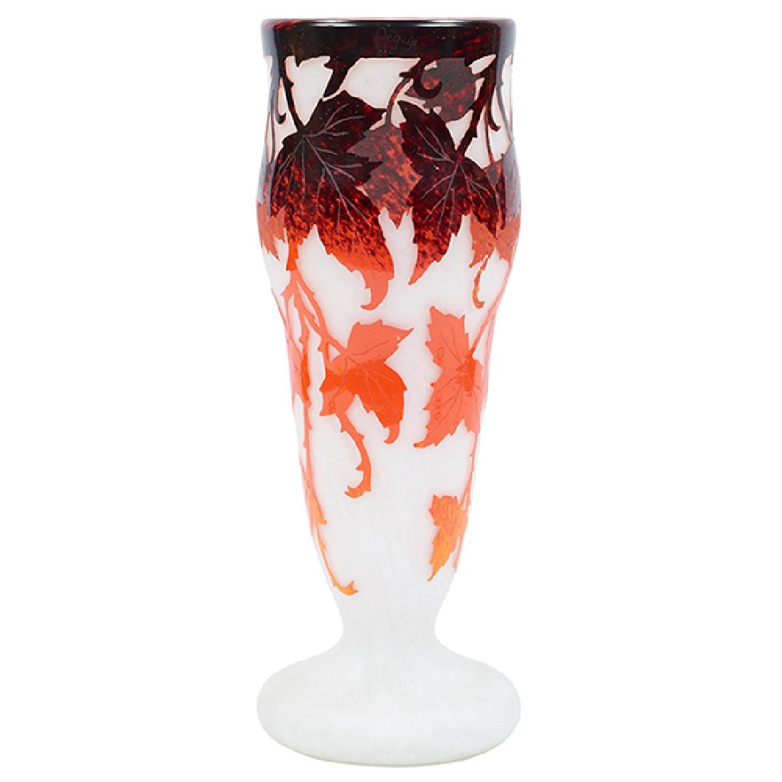 Degue Boston Ivy vase 6.25"dia x 16"h: Degue, Boston Ivy vase, Paris, France, fire polished and cameo cut glass , etched signature, 6.25"dia x 16"h