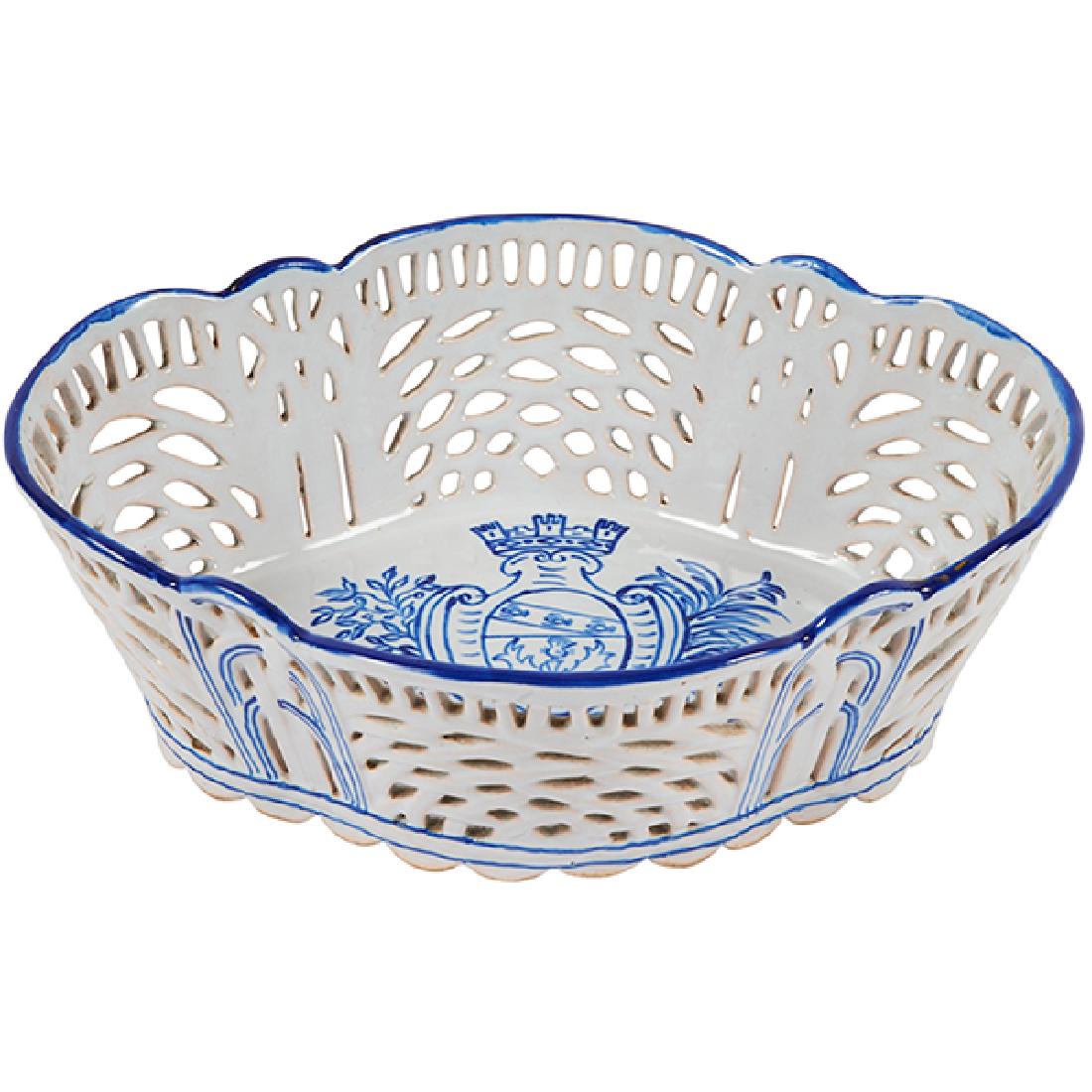 Emile Galle (1846-1904) Armorial reticulated bowl 10"w: Emile GallE (1846-1904), Armorial reticulated bowl, Nancy, France, polychrome glazed ceramic , painted signature, 10"w x 7.75"d x 3.25"h