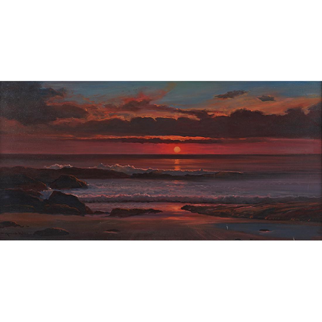 Robert Wood, (American, 1889-1979), Hawaiian Sunset,: Robert Wood, (American, 1889-1979), Hawaiian Sunset, oil on canvas, signed lower left; titled and stamped on the verso, 24" x 48"