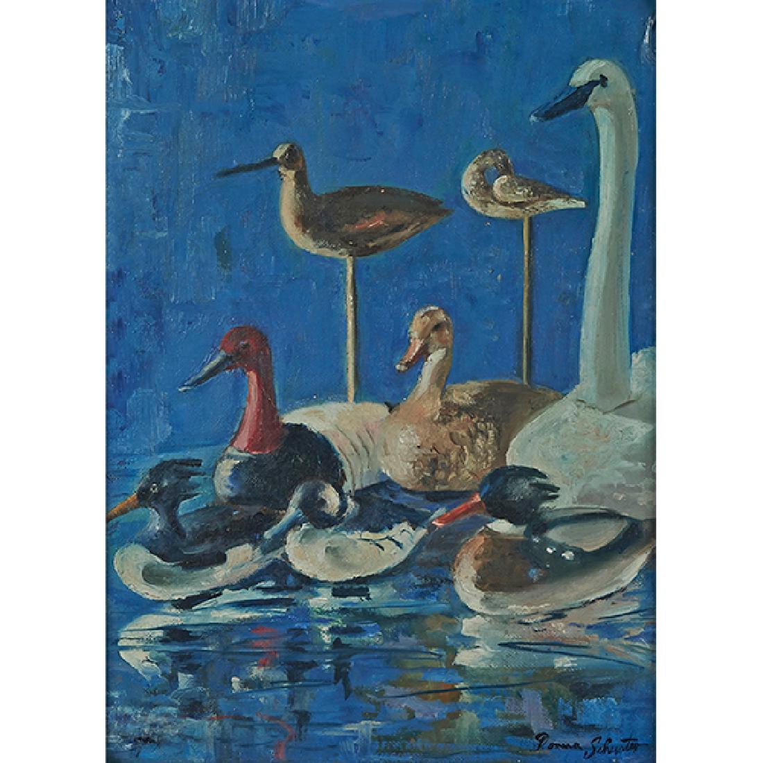 Donna Schuster, (American, 1883-1953), Water Fowl, oil (1 of 2)