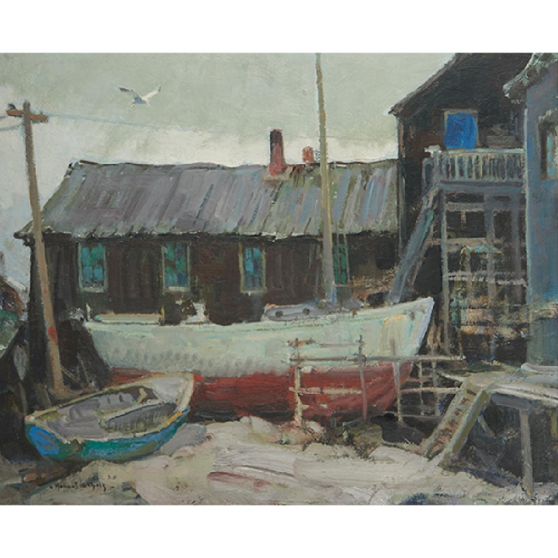 Hobart Nichols Jr., (American, 1869-1962), Boatyard,: Hobart Nichols Jr., (American, 1869-1962), Boatyard, oil on masonite, signed lower left, 17.75" x 21.5" Provenance: Grand Central Art Galleries, Inc., New York, New York (label on verso)
