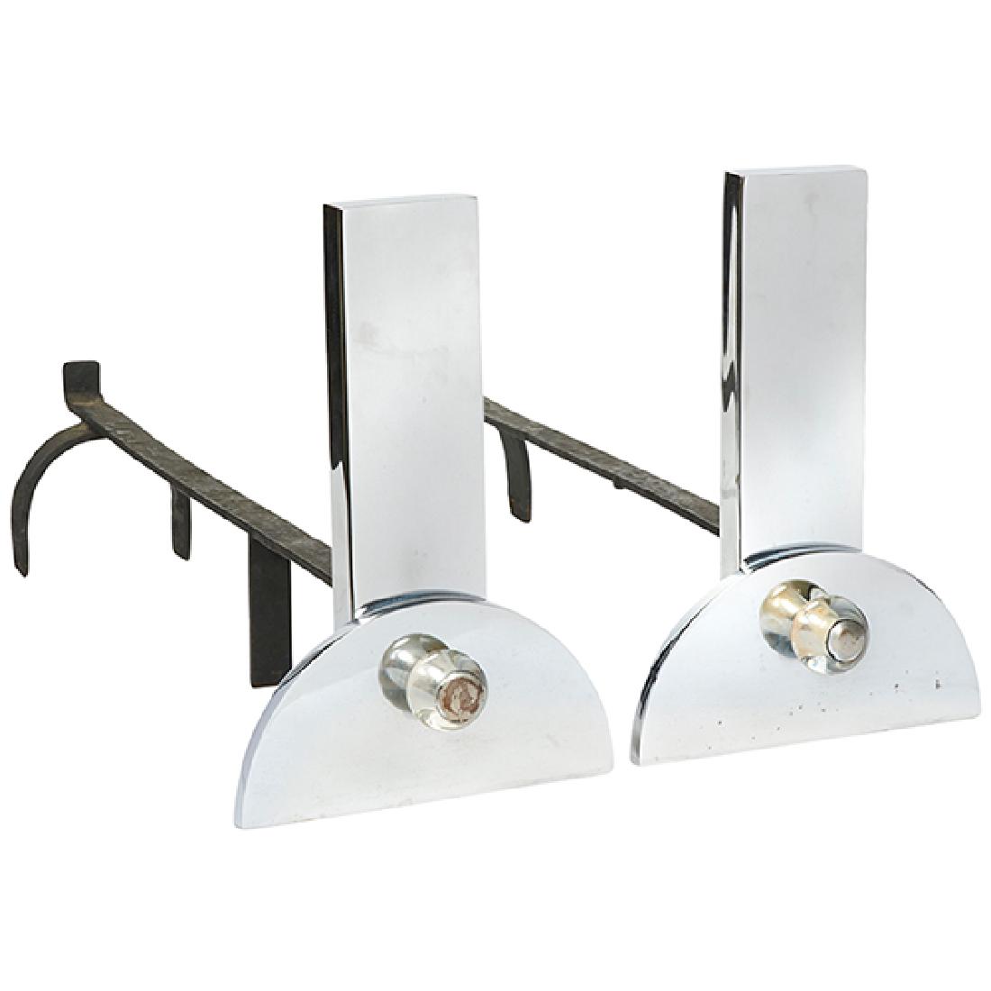 Art Deco andirons, pair 8"w x 22.5"d x 12"h: Art Deco, andirons, pair, USA, 1930s, chromed steel, glass, iron, 8"w x 22.5"d x 12"h