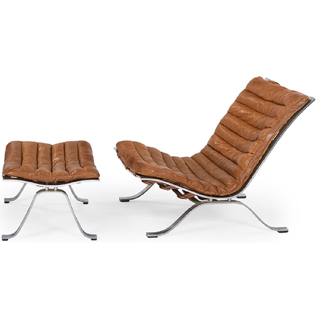 Arne Norell (1917-1971) for Arne Norell Ari chair and: Arne Norell (1917-1971) for Arne Norell, Ari chair and ottoman, Sweden, c.1966, chrome-plated steel, original leather, 25.5"w x 35"d x 30.5"h, ottoman: 25.5"w x 19.5"d x 15.5"h