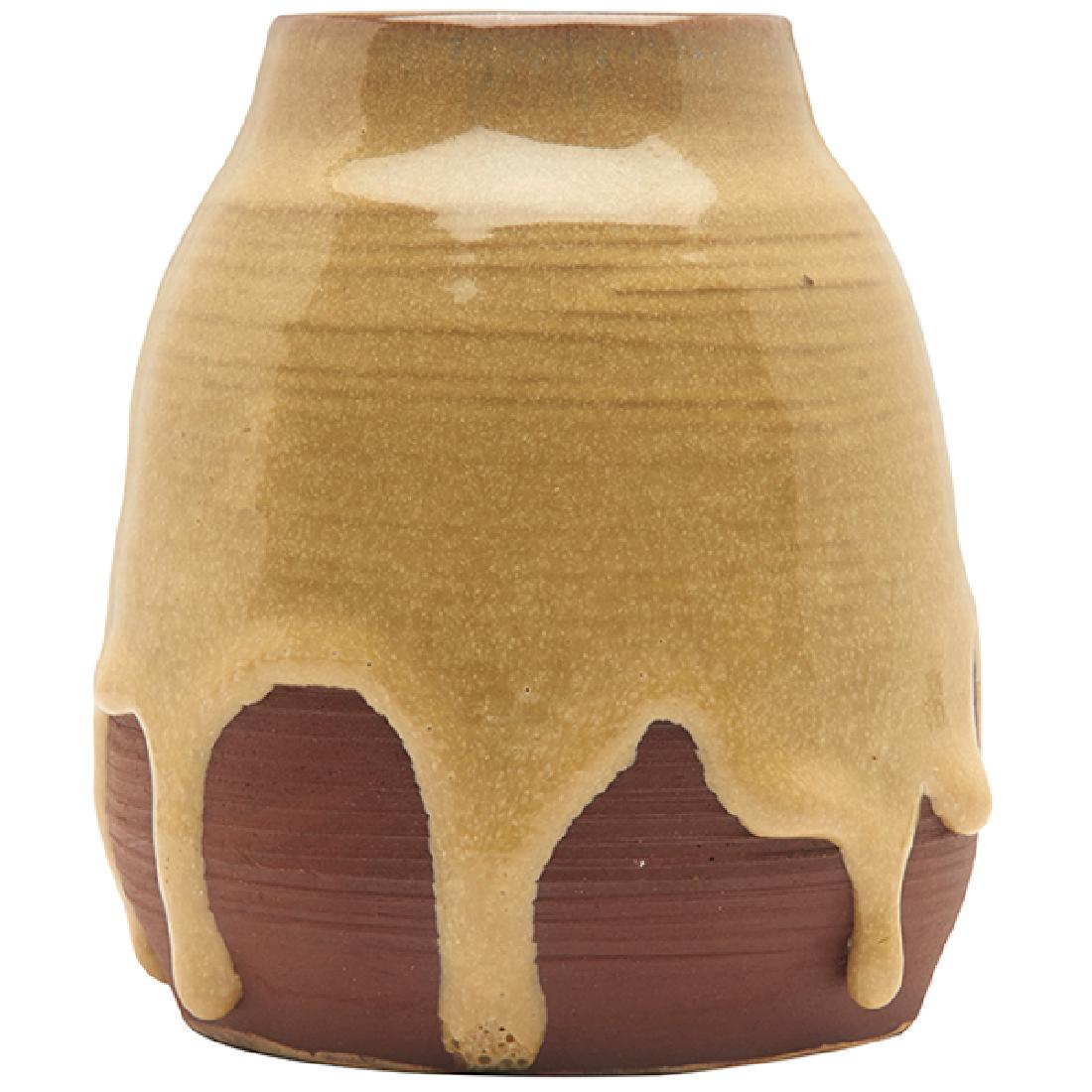 Eugene Deutch (1904-1959) vase 3.5"dia x 4"h: Eugene Deutch (1904-1959), vase, Chicago, IL, 1943, drip glazed ceramic, incised signature and date, 3.5"dia x 4"h