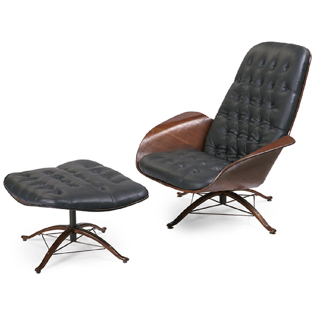 George Mulhauser (1922-2002) for Plycraft, Inc. lounge: George Mulhauser (1922-2002) for Plycraft, Inc., lounge chair and ottoman, walnut, newly reupholstered in black vinyl, Plycraft label, 36"w x 30"d x 35.5"h, ottoman: 25"w x 21"d x 14.25"h