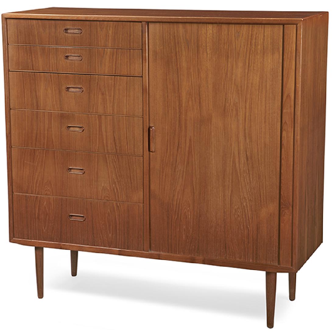 Falster cabinet 48"w x 17.75"d x 47"h: Falster, cabinet, Denmark, teak, birch, Falster tag, six drawers and one tamboured door, 48"w x 17.75"d x 47"h