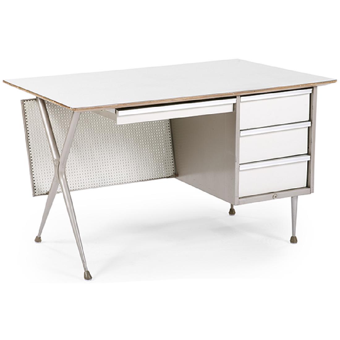 Raymond Loewy (1883-1986) for Brunswick desk 48"w x: Raymond Loewy (1883-1986) for Brunswick, desk, USA, 1950s, laminate, steel, aluminum, pegboard, Brunswick stamp, 48"w x 30"d x 29"h