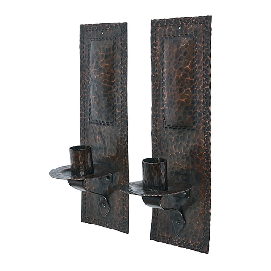 American Arts & Crafts, candle sconces, pair, copper,: American Arts & Crafts, candle sconces, pair, copper, 3.25"w x 3.25"d x 10.25"h Provenance: Provenance: Estate of Constantine (Dean) Ladas, Birmingham, Michigan
