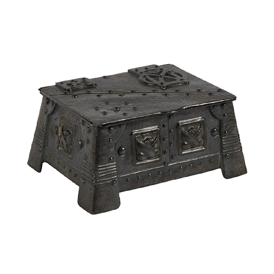 Brainard & Wilson, Arts & Crafts table casket, #145,: Brainard & Wilson, Arts & Crafts table casket, #145, Danbury, CT, patinated metal, cast mark, numbered, 6.25"w x 5"d x 3"h Provenance: Provenance: Estate of Constantine (Dean) Ladas, Birmingham, Michi