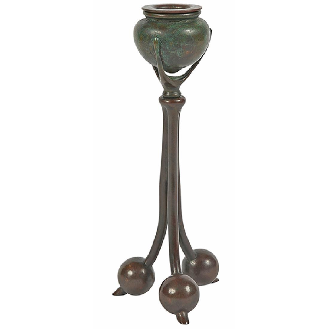 In the Style of Tiffany Studios, candlestick, bronze,: In the Style of Tiffany Studios, candlestick, bronze, spurious marks, 3.25"dia x 8.5"h