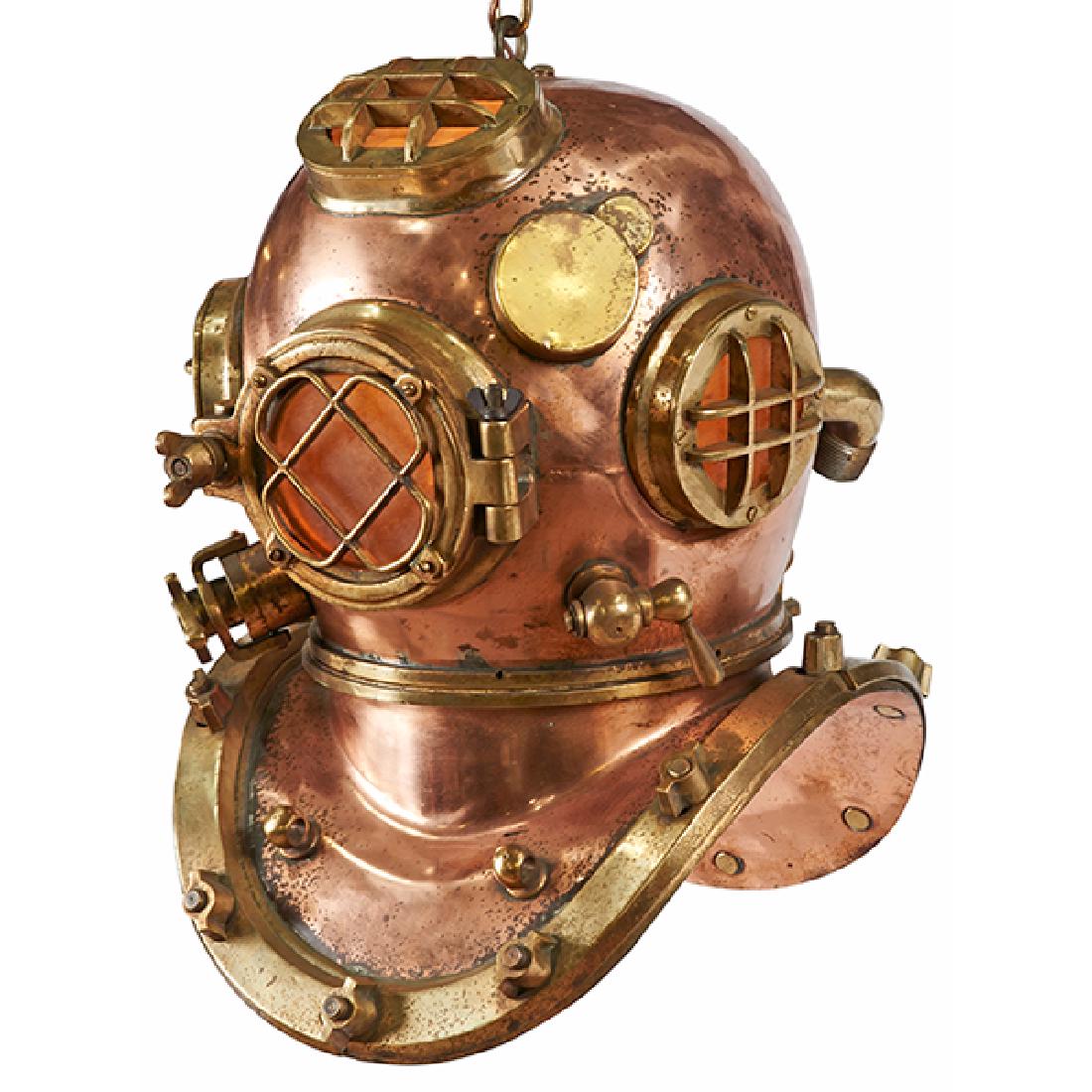 Vintage, full-size diving helmet, copper, brass, glass,: Vintage, full-size diving helmet, copper, brass, glass, converted for use as a hanging light fixture, 13 1/2"w x 18"d x 21"h (without chain)