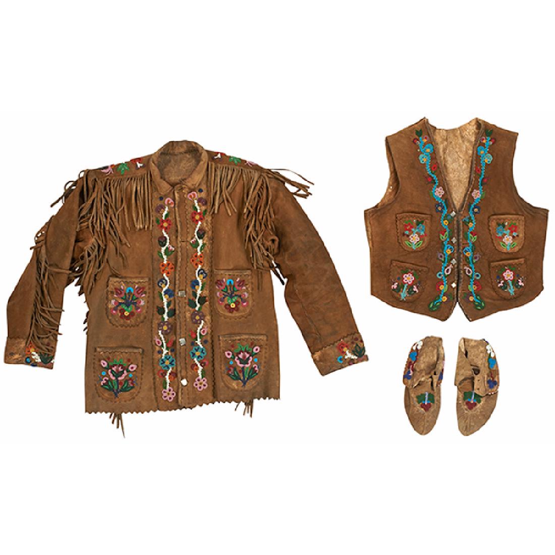 American Indian, possibly Iroquois, jacket, vest and: American Indian, possibly Iroquois, jacket, vest and moccasins, beads, moosehide, jacket: 22"w (flat without arms) x 30"l