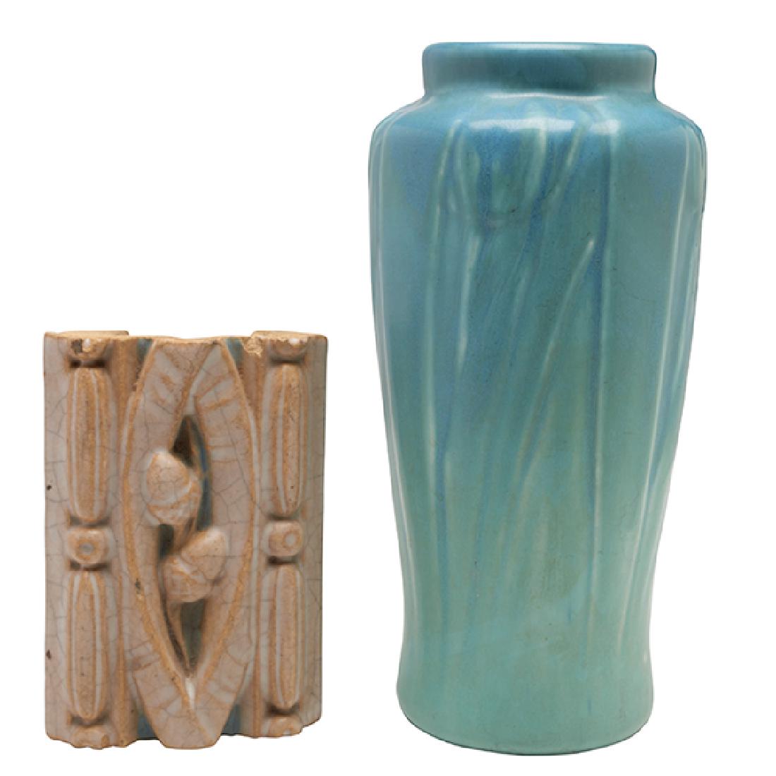 Rookwood Pottery, Tulip vase, #1711, Cincinnati, OH,: Rookwood Pottery, Tulip vase, #1711, Cincinnati, OH, 1920, Matte glazed ceramic, impressed marks, dated, numbered, together with a Rookwood Faience decorative tile, #4639.8, Matte glazed ceramic, stam