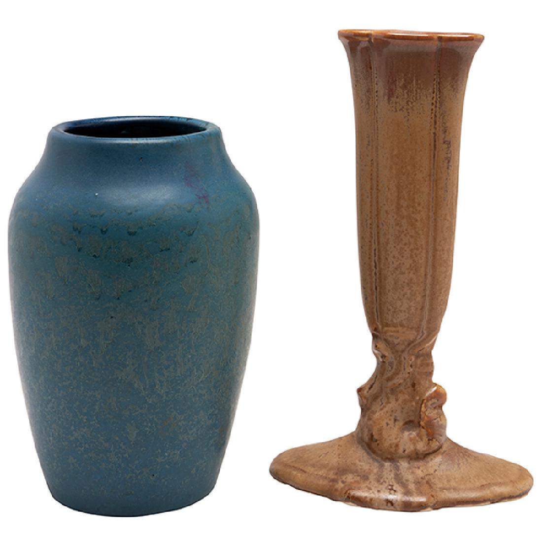 Hampshire Pottery, vase, #1812, Keene, New Hampshire,: Hampshire Pottery, vase, #1812, Keene, New Hampshire, glazed ceramic, incised mark, with a Cowan Pottery Seahorse vase, crystalline glaze, signed, 4.5"w x 7.5"h, 4"dia x 6"h Provenance: Provenance: Es