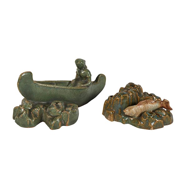 Fulper Pottery Co., flower frogs, two, Flemington, NJ,: Fulper Pottery Co., flower frogs, two, Flemington, NJ, glazed ceramic, stamped mark, largest: 7.5"w x 4"d x 3.5"h