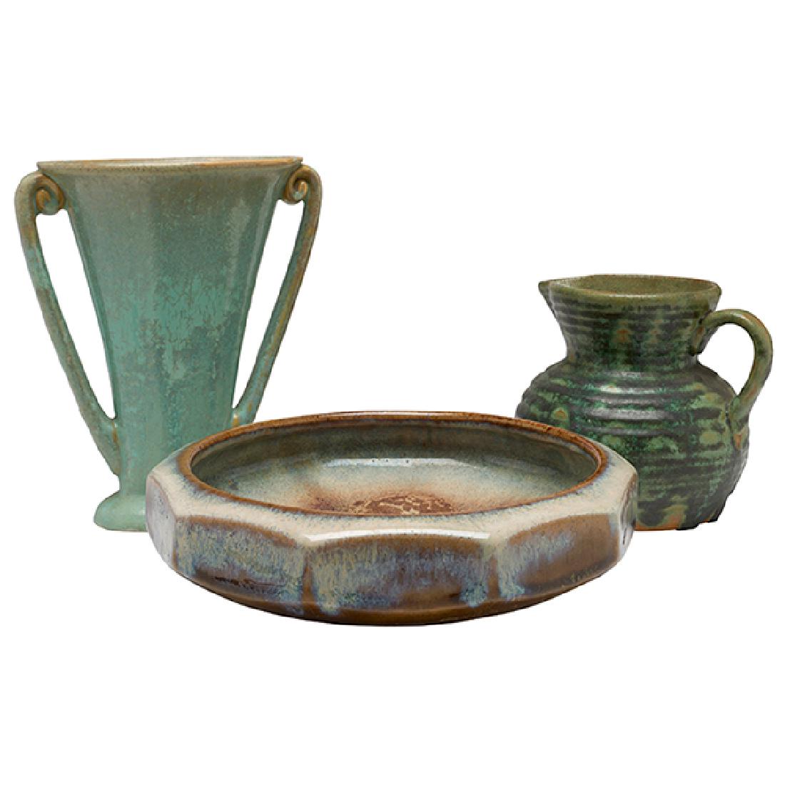 Fulper Pottery Co., vase, bowl and pitcher, Flemington,: Fulper Pottery Co., vase, bowl and pitcher, Flemington, NJ, glazed ceramic, all marked, tallest: 7"w x 8"h Provenance: Provenance: Estate of Ed Baynard, New York, New York
