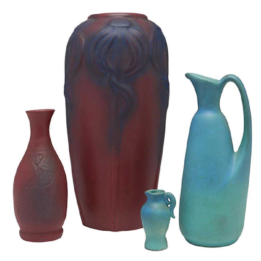 Van Briggle Pottery & Tile, pitcher and two vases,: Van Briggle Pottery & Tile, pitcher and two vases, Colorado Springs, CO, matte glazed ceramic, all marked, together with a Van Briggle Pottery cabinet vase, matte glazed ceramic, tallest: 6"dia x 12"h