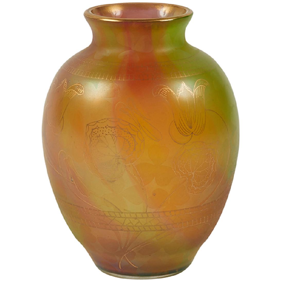 Austrian Art Glass, in the manner of Loetz, vase, gilt: Austrian Art Glass, in the manner of Loetz, vase, gilt decorated, iridescent glass, signed indistinctly, 3.75"dia x 5"h Provenance: Provenance: Estate of Constantine (Dean) Ladas, Birmingham, Michigan