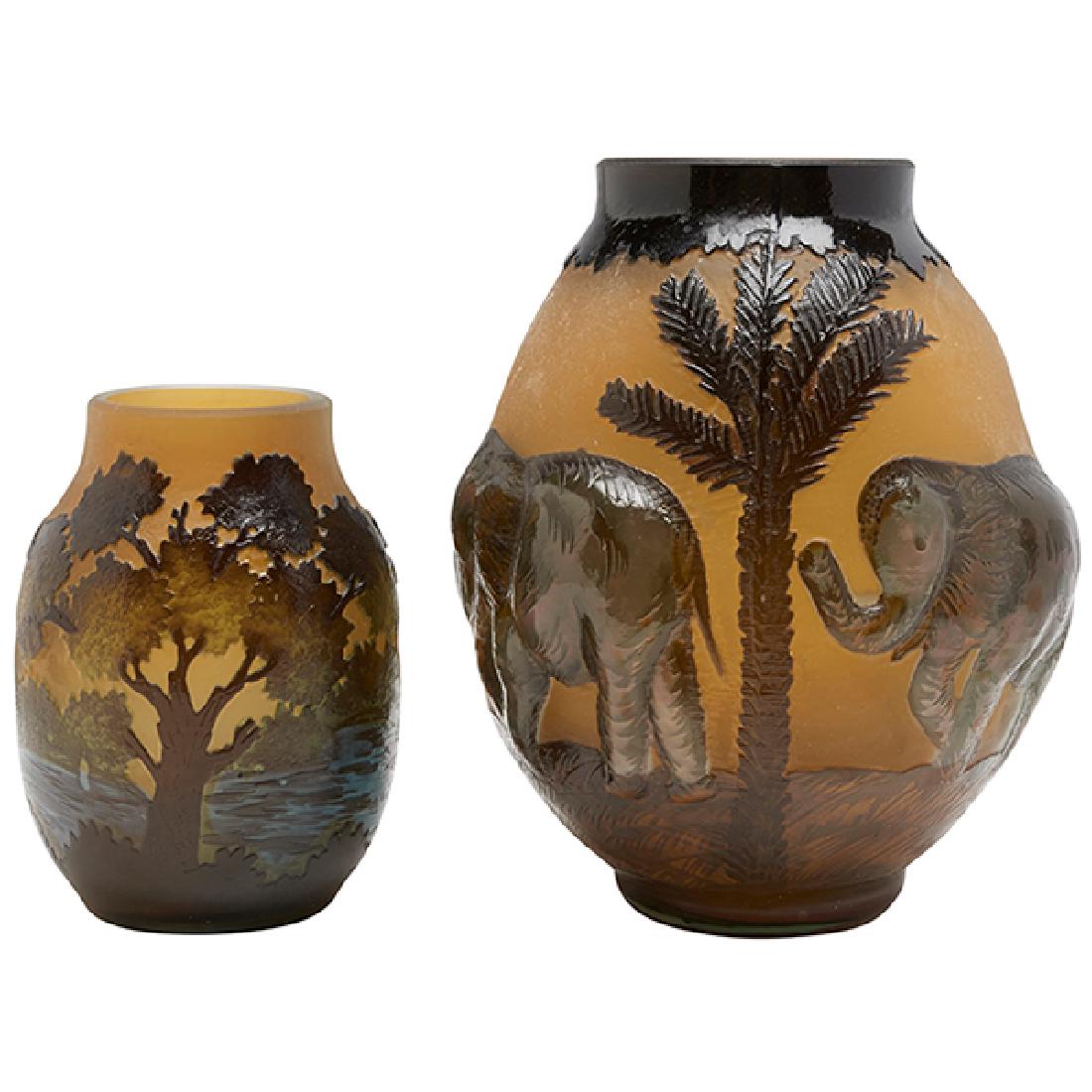 Contemporary Art Glass, Elephant vase and Landscape: Contemporary Art Glass, Elephant vase and Landscape vase, cameo-cut glass, taller: 5.5"dia x 6"h Provenance: Provenance: Estate of Ed Baynard, New York, New York